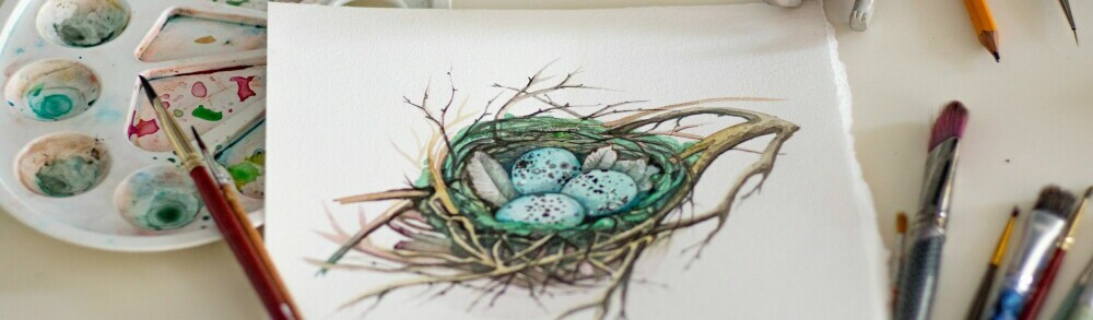 watercolor bird's nest, with several blue eggs in it